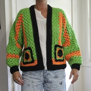 Sm/Med Crochet Cardigan Sweater, Neon Colors With Black Skulls